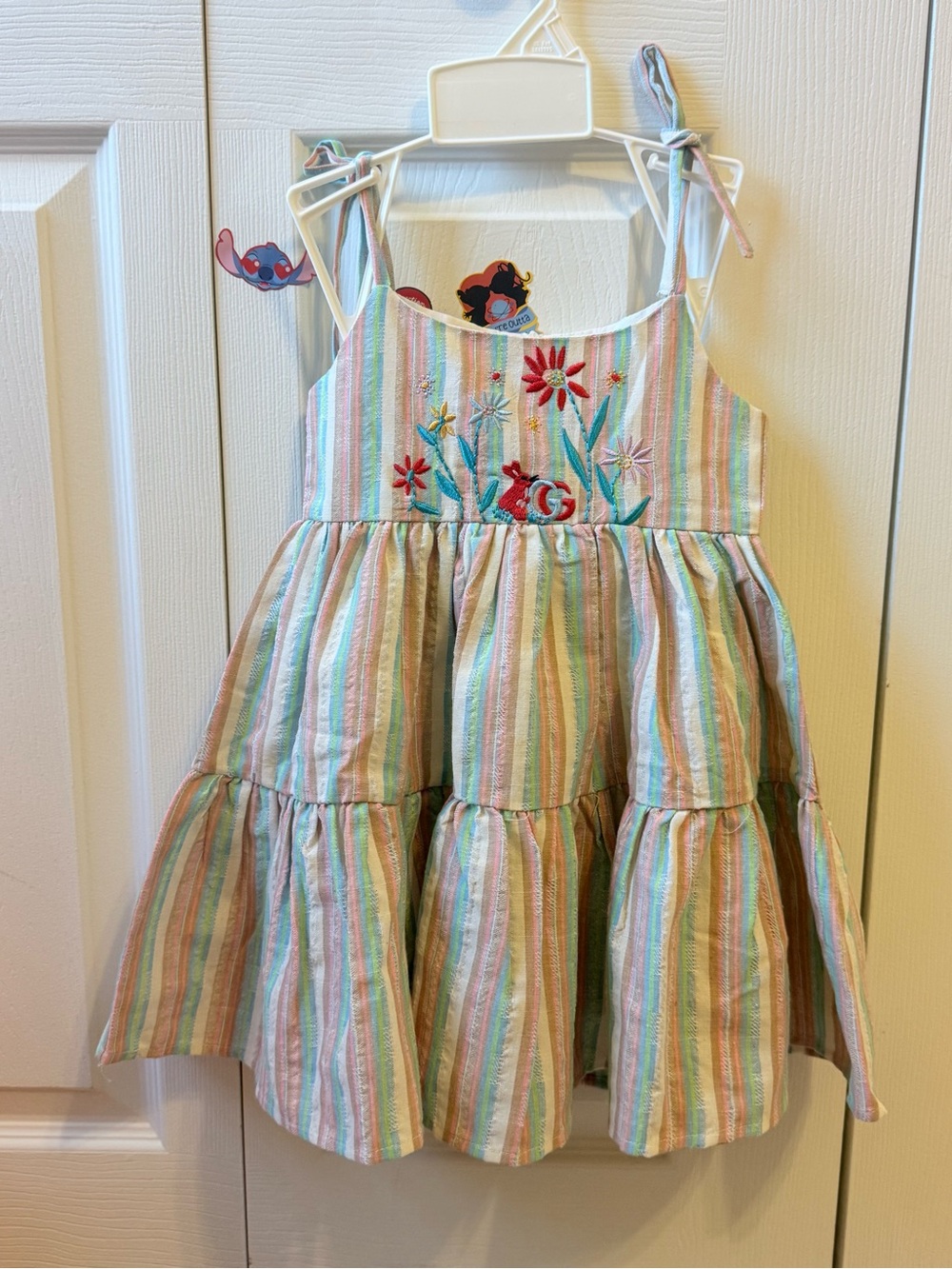 Pastel Striped Tie-Shoulder Dress with Floral EmbroideryPink/Green/Blue